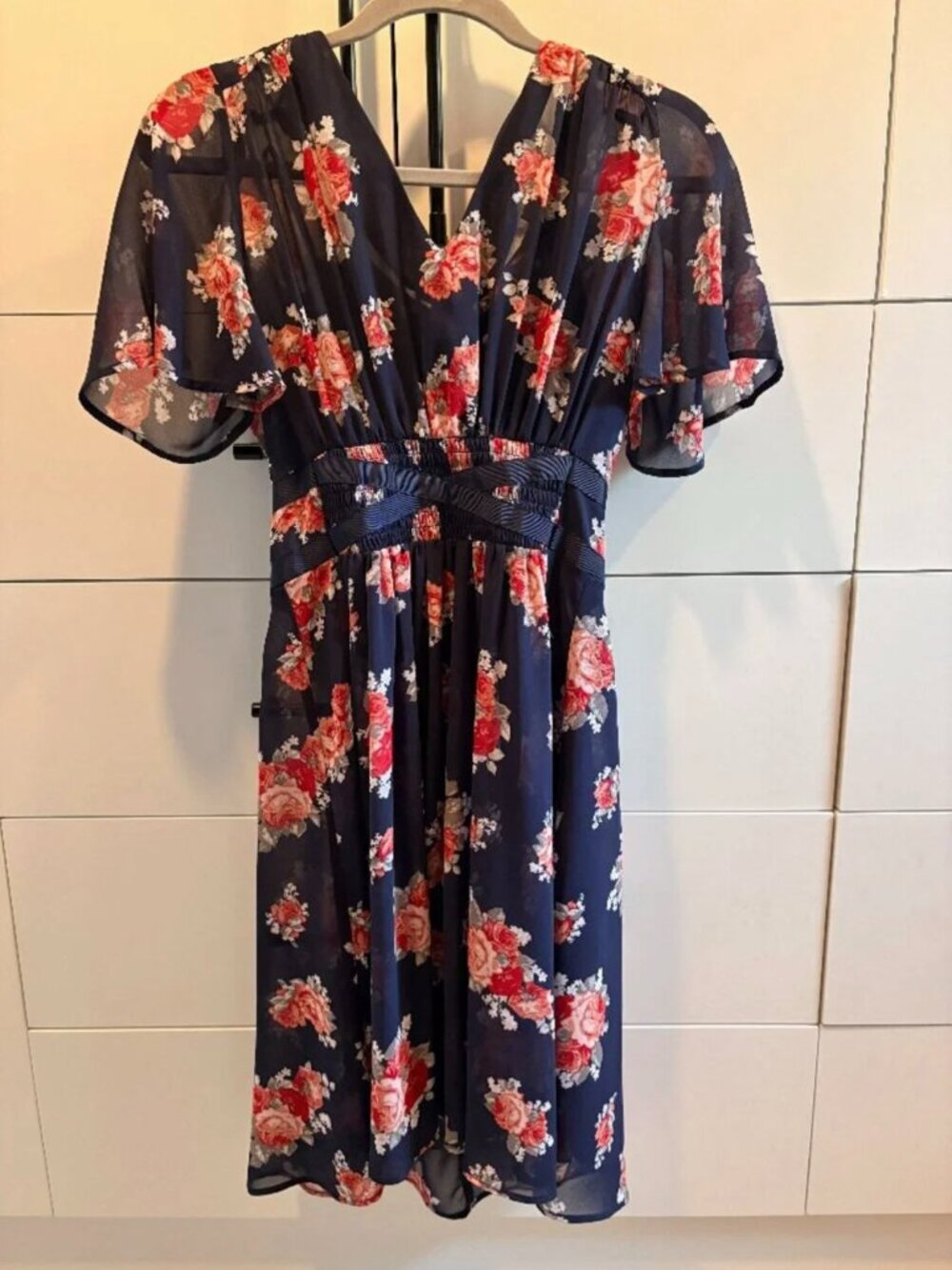 JustFab Navy Blue Floral Chiffon High-Low Dress